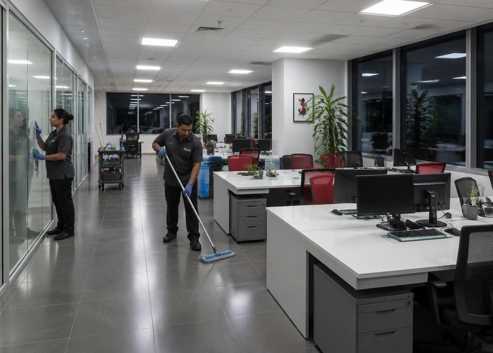 Clean modern office space with professional cleaners at work