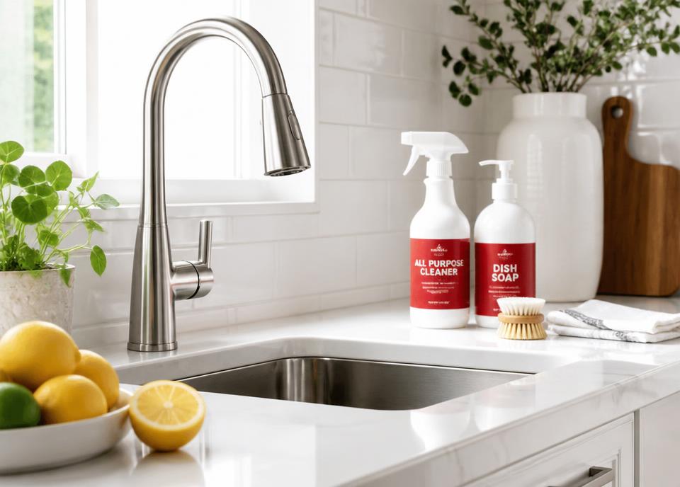 Sparkling kitchen countertop with eco-friendly red-label cleaning products