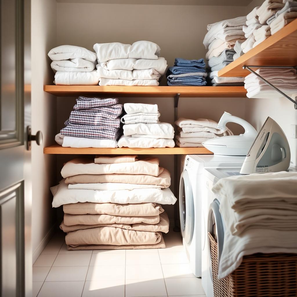 Neatly folded laundry and ironed shirts