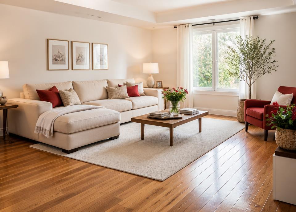 Spotless modern living room with cream sofa and red accent pillows